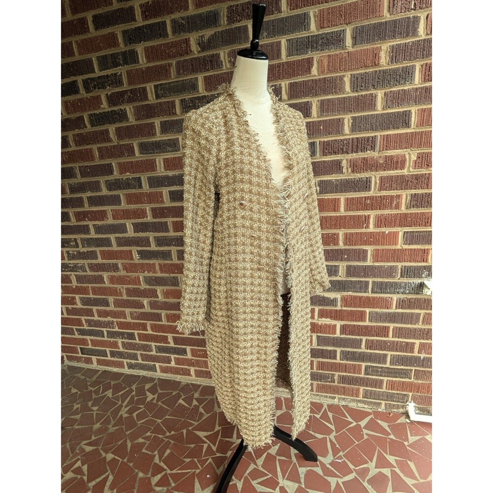 NWT*House of Harlow Tweed Gold Shimmer Houndstooth Open Coat w/ Fringe-Sz Small